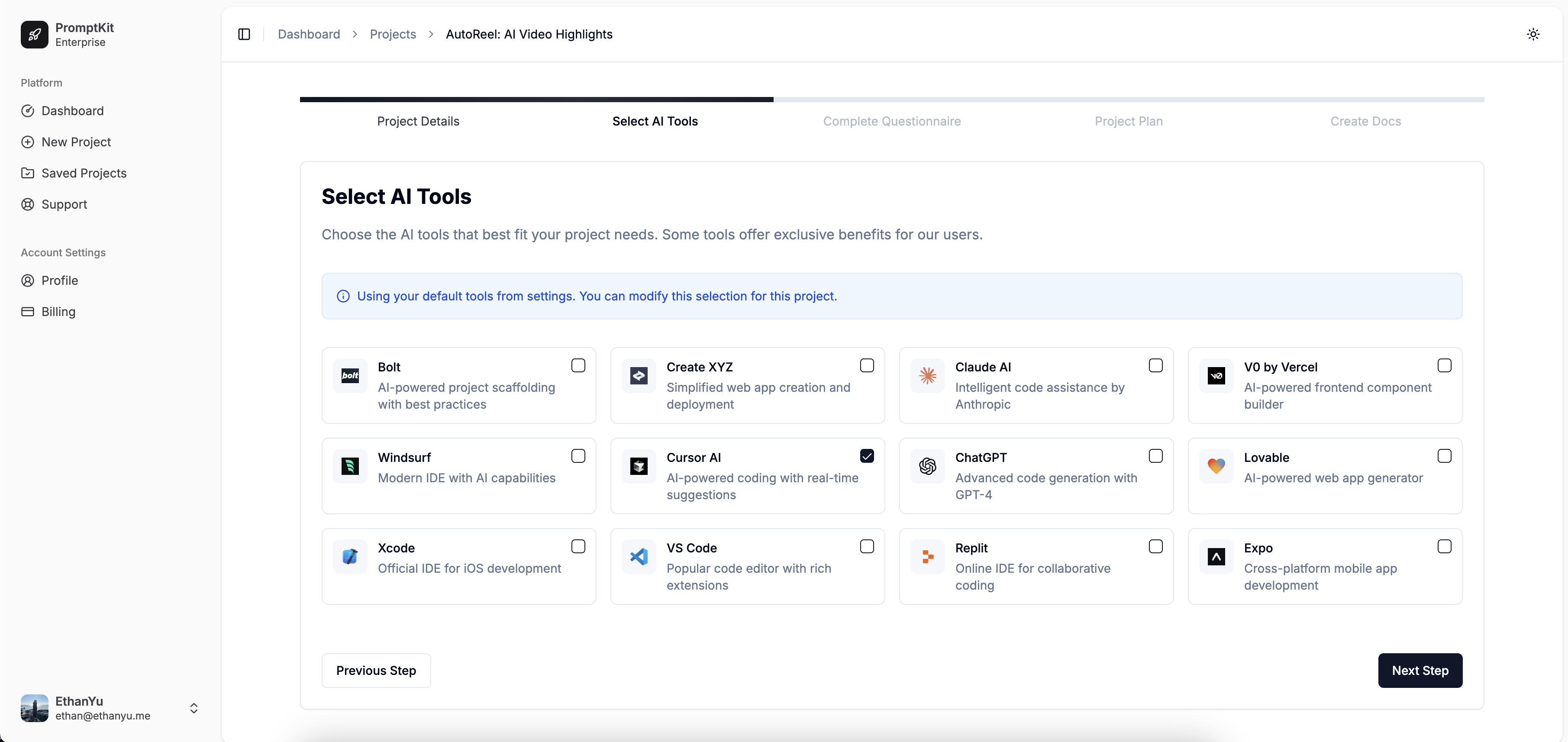 AI Tools Selection Interface